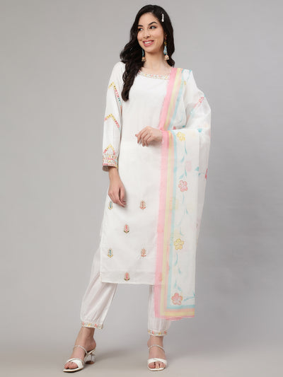 White Embroidered Kurta Pant With Dupatta