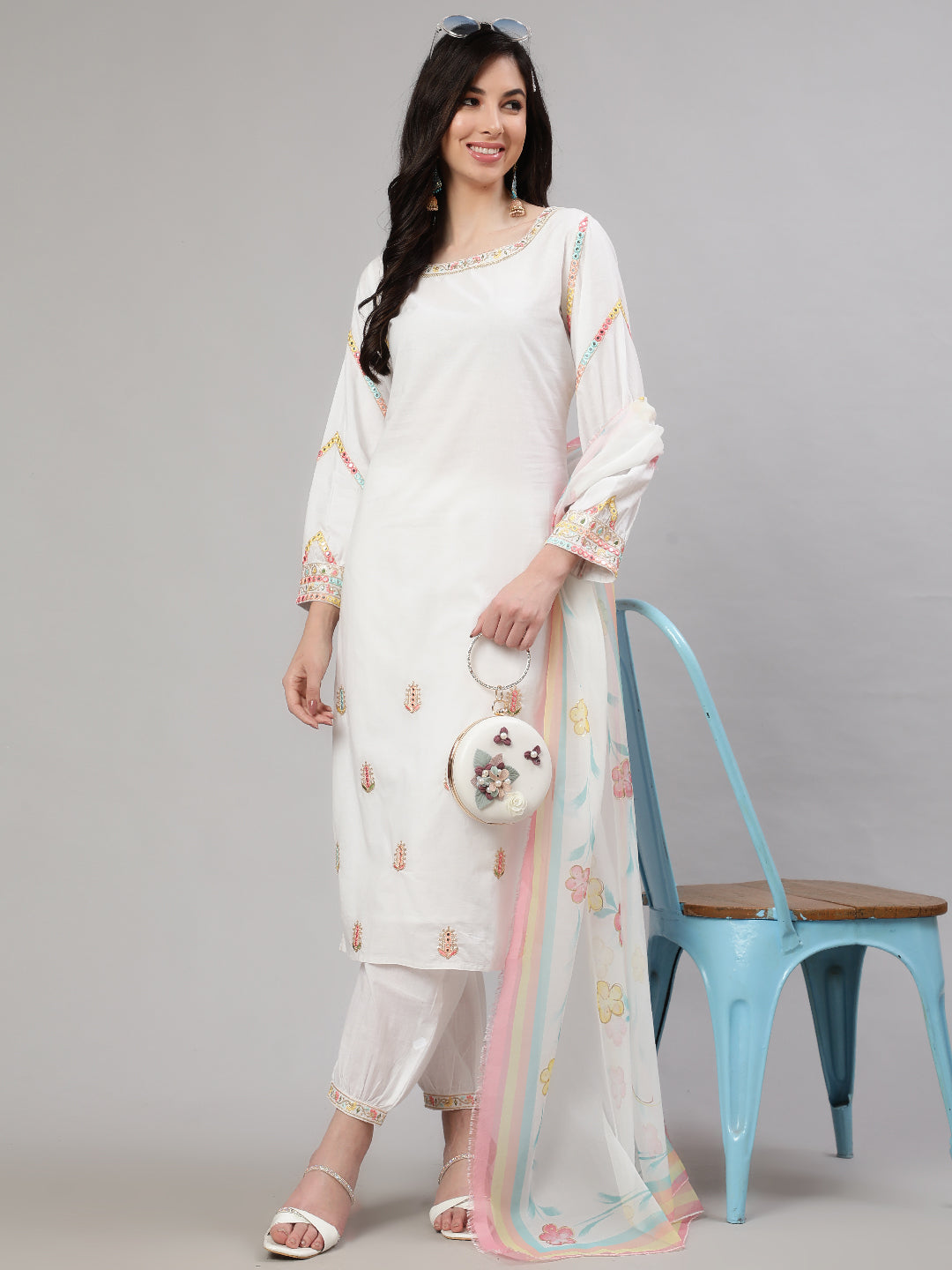 White Embroidered Kurta Pant With Dupatta