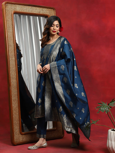 Blue Woven Designed Kurta Pant With Dupatta