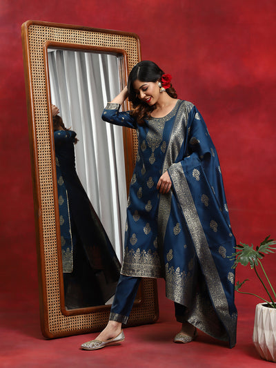 Blue Woven Designed Kurta Pant With Dupatta