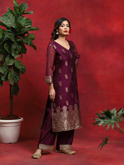 Purple Woven Designed Kurta Palazzo With Dupatta