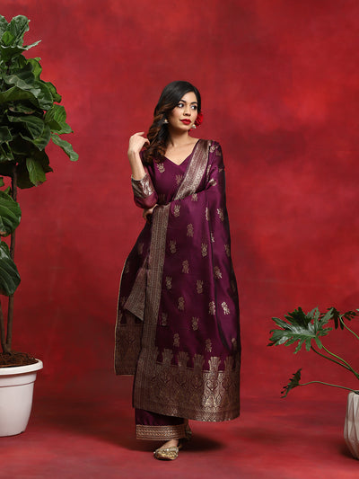 Purple Woven Designed Kurta Palazzo With Dupatta