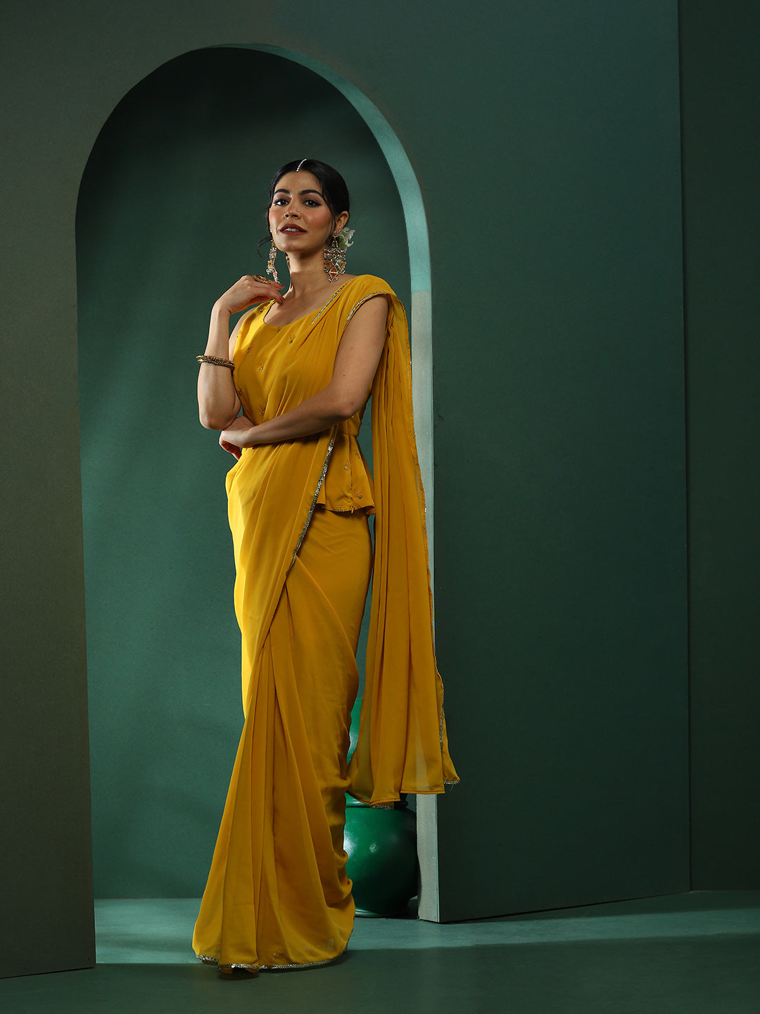 Yellow Saree With Embroidered Blouse