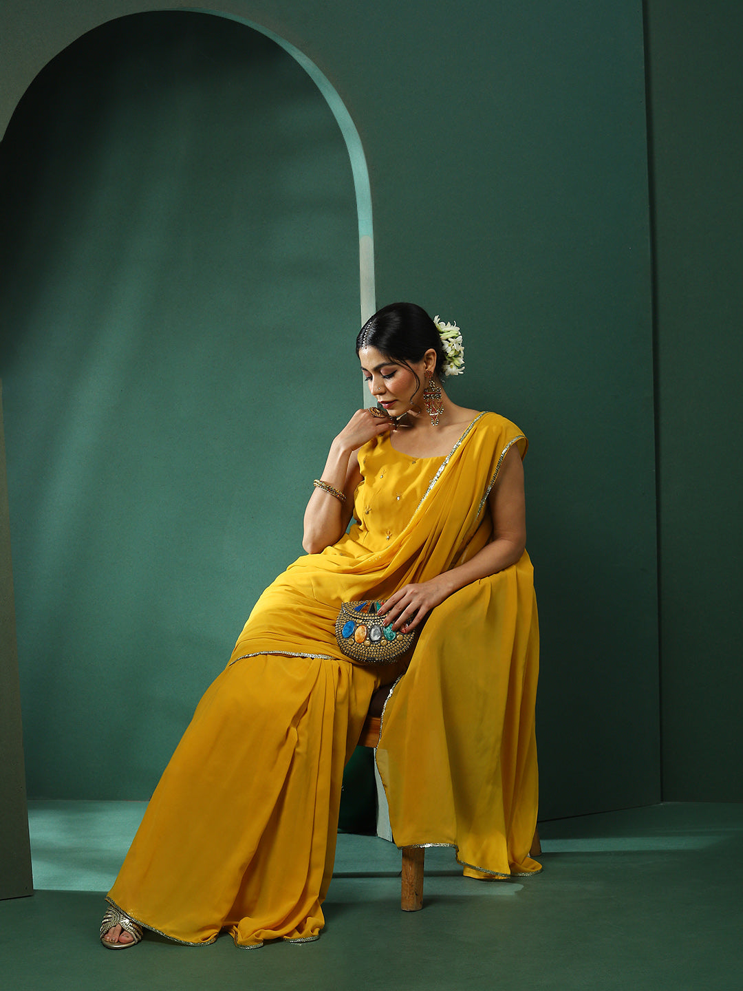 Yellow Saree With Embroidered Blouse