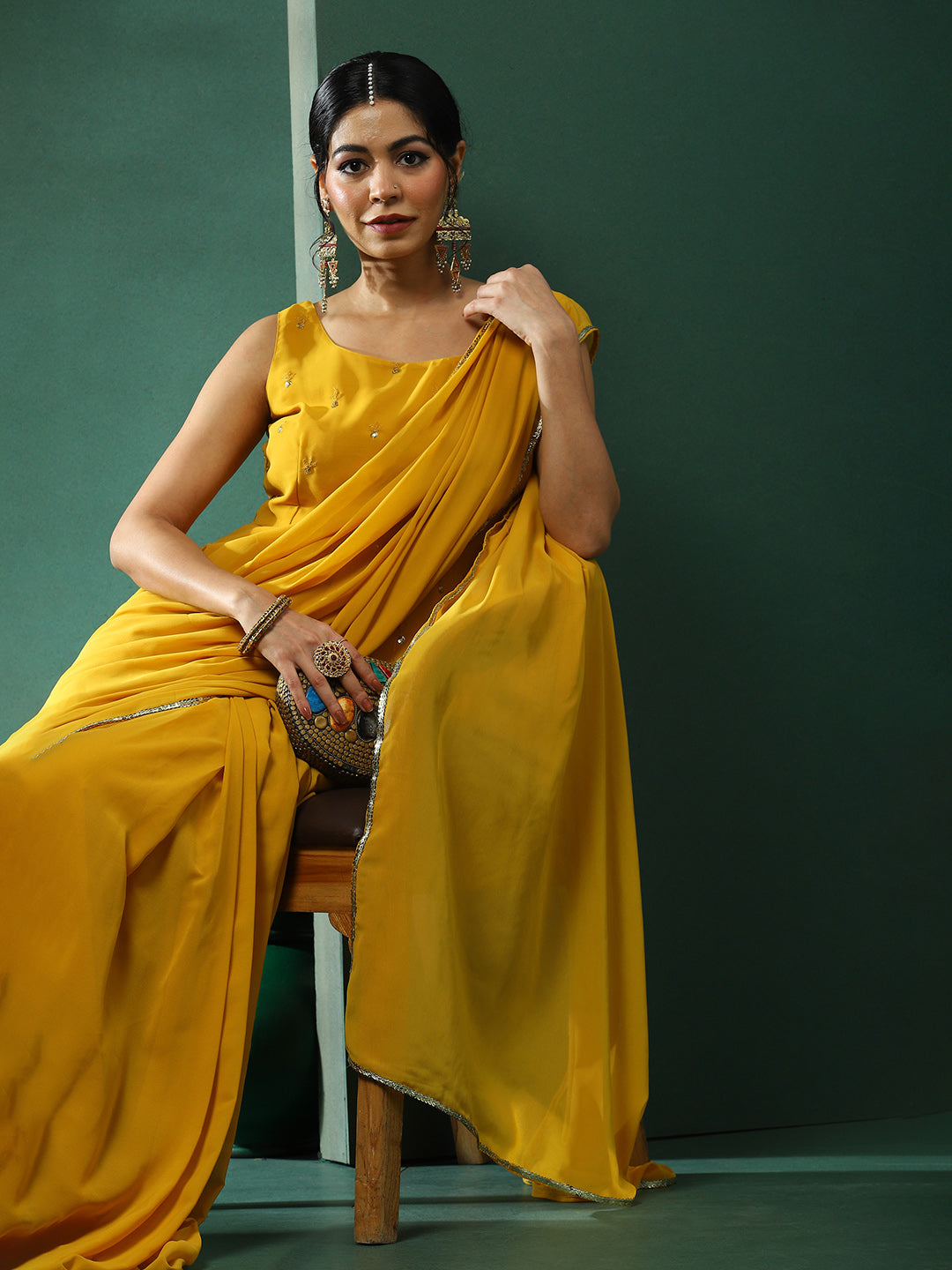 Yellow Saree With Embroidered Blouse