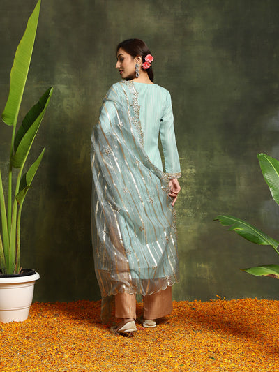 Green Lurex Designed Kurta Palazzo With Embroidered Dupatta