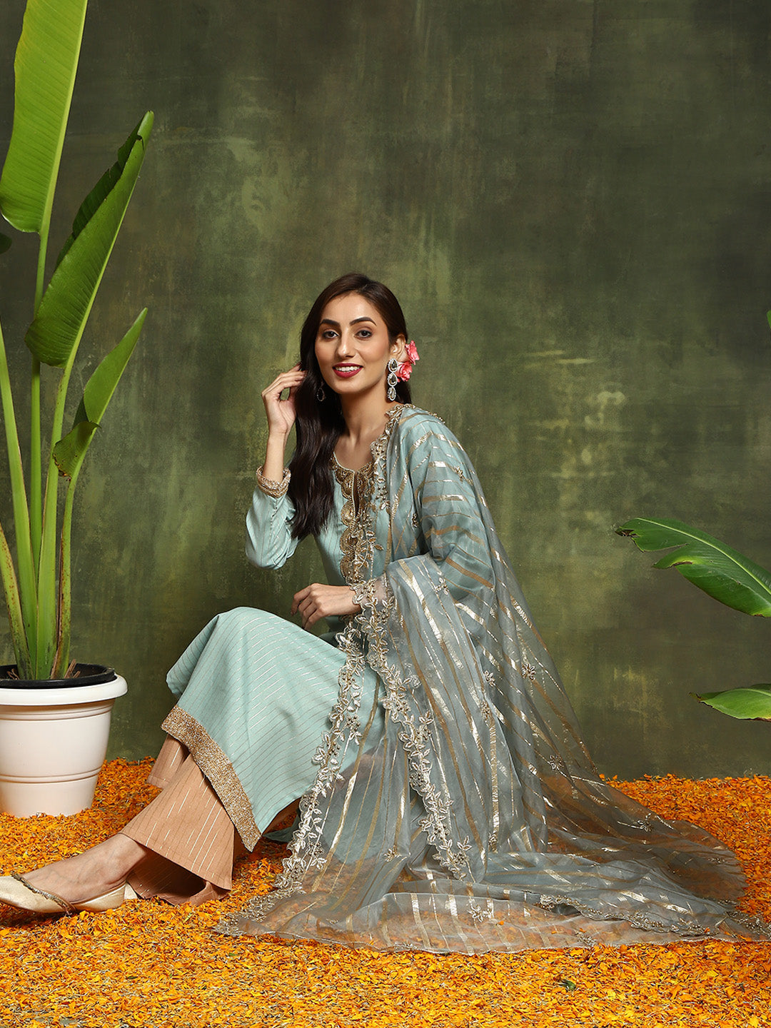 Green Lurex Designed Kurta Palazzo With Embroidered Dupatta