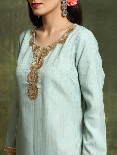 Green Lurex Designed Kurta Palazzo With Embroidered Dupatta