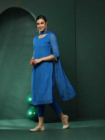 Blue Lurex Kurta Pant With Dupatta