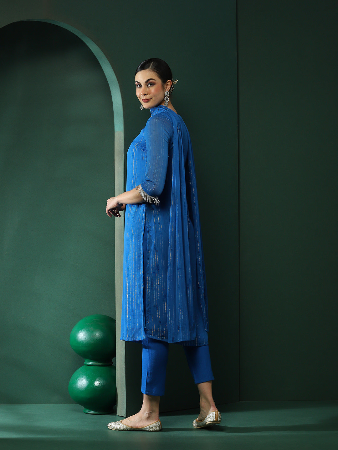 Blue Lurex Kurta Pant With Dupatta