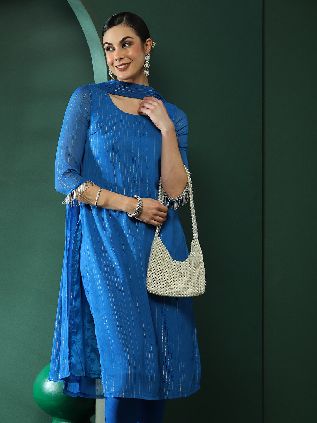 Blue Lurex Kurta Pant With Dupatta