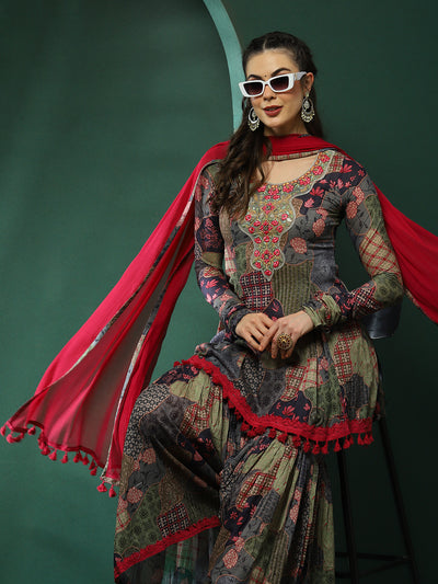 Floral Print Kurta Sharara With Dupatta