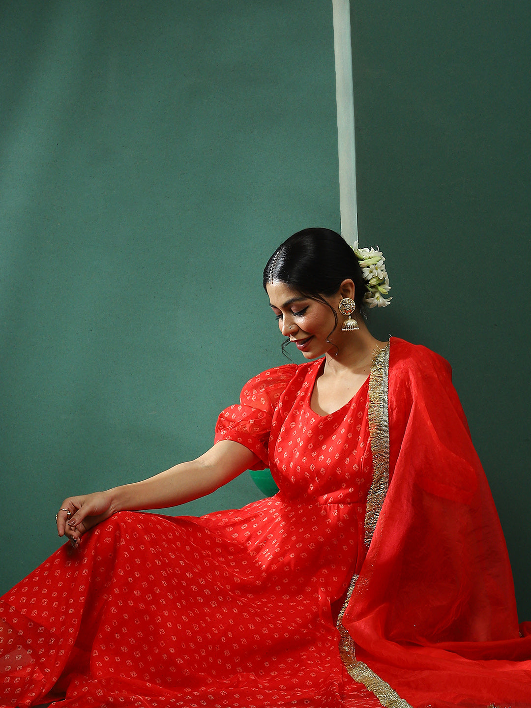 Red Bandhani Print Anarkali Pant With Lace Detailed Dupatta