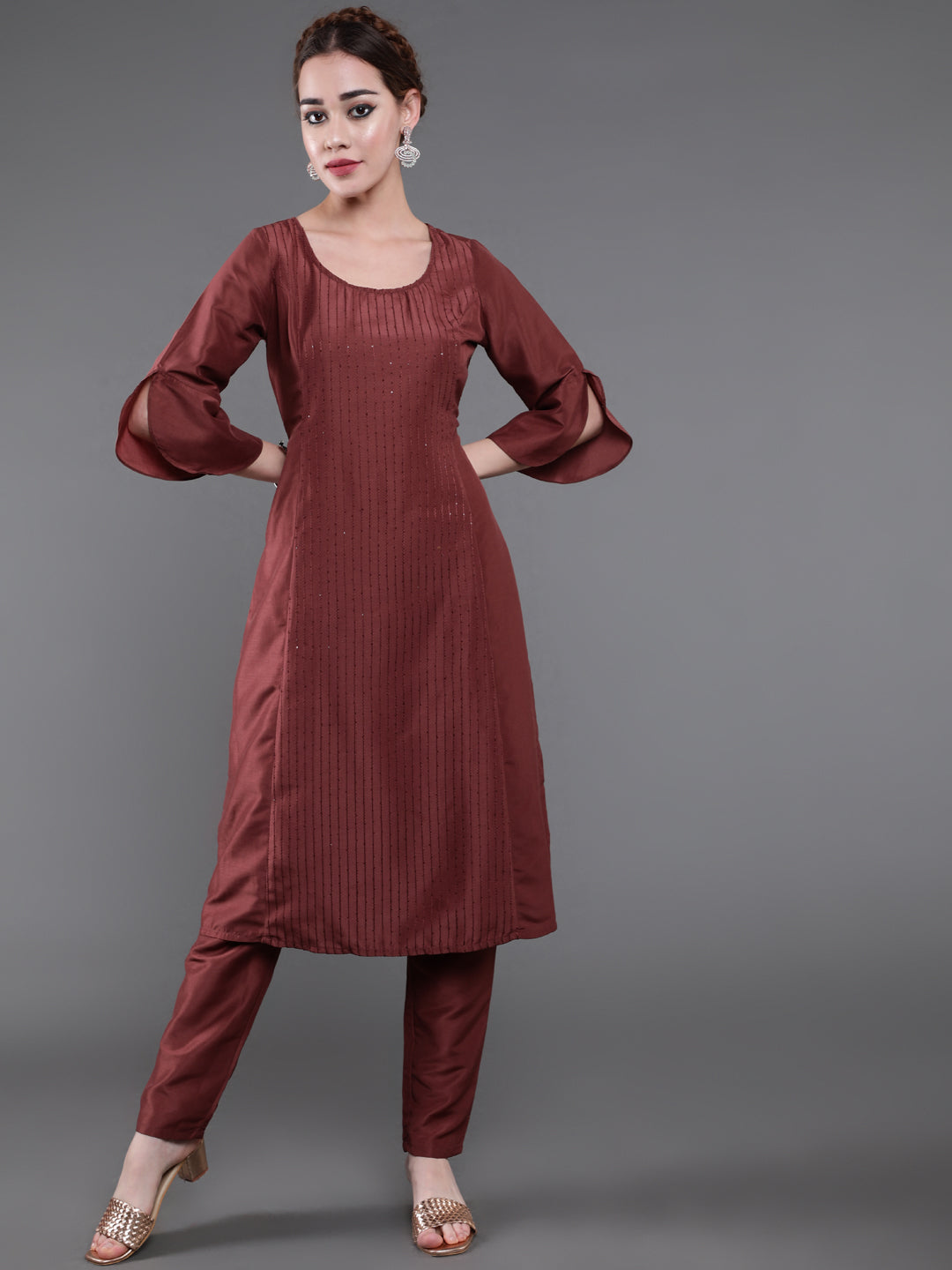 Brown Sequin A-Line Kurta With Pant