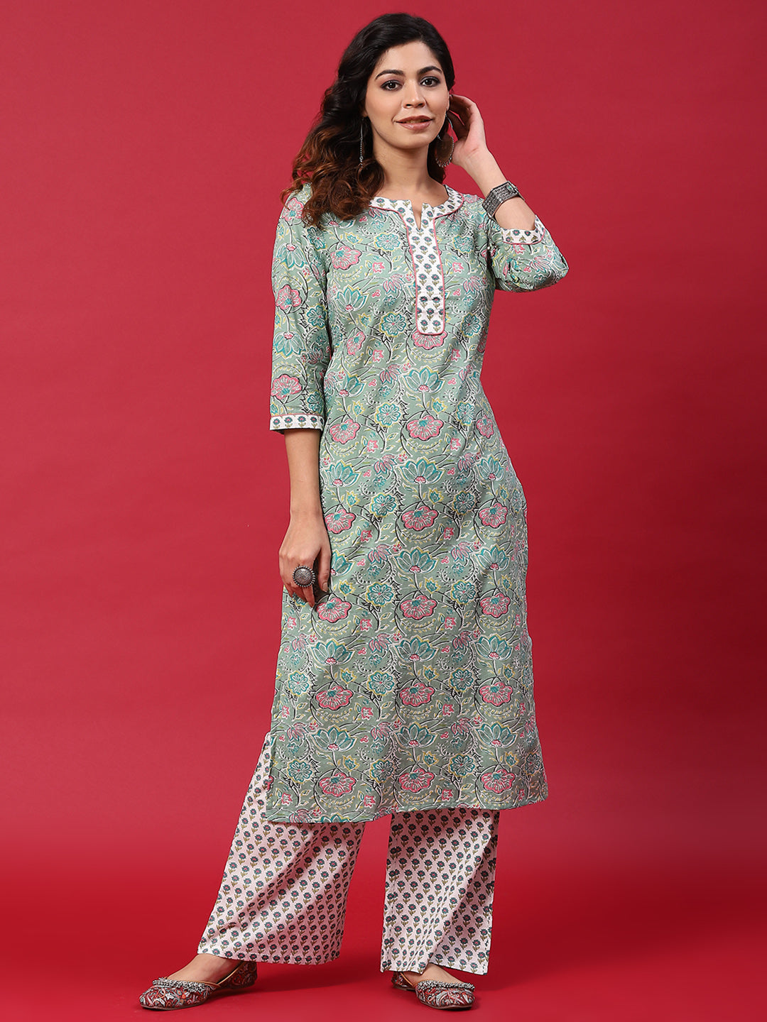 Green & White Floral Print Kurta With Palazzo