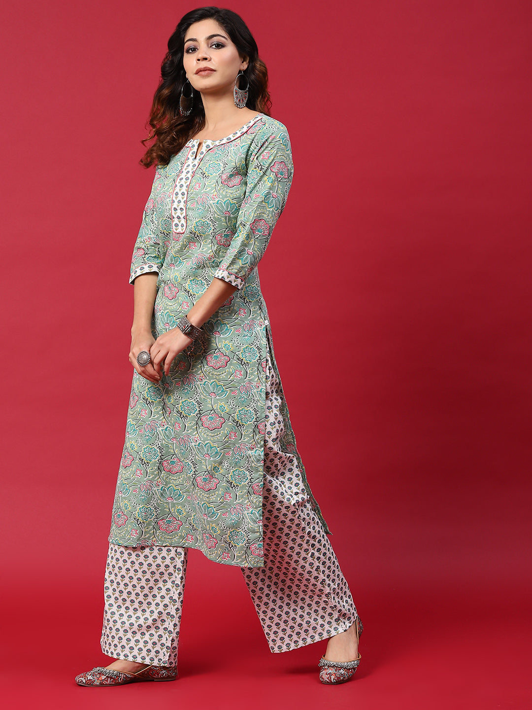 Green & White Floral Print Kurta With Palazzo