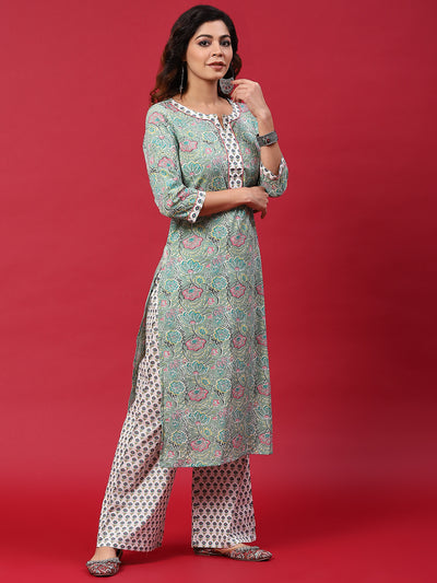 Green & White Floral Print Kurta With Palazzo