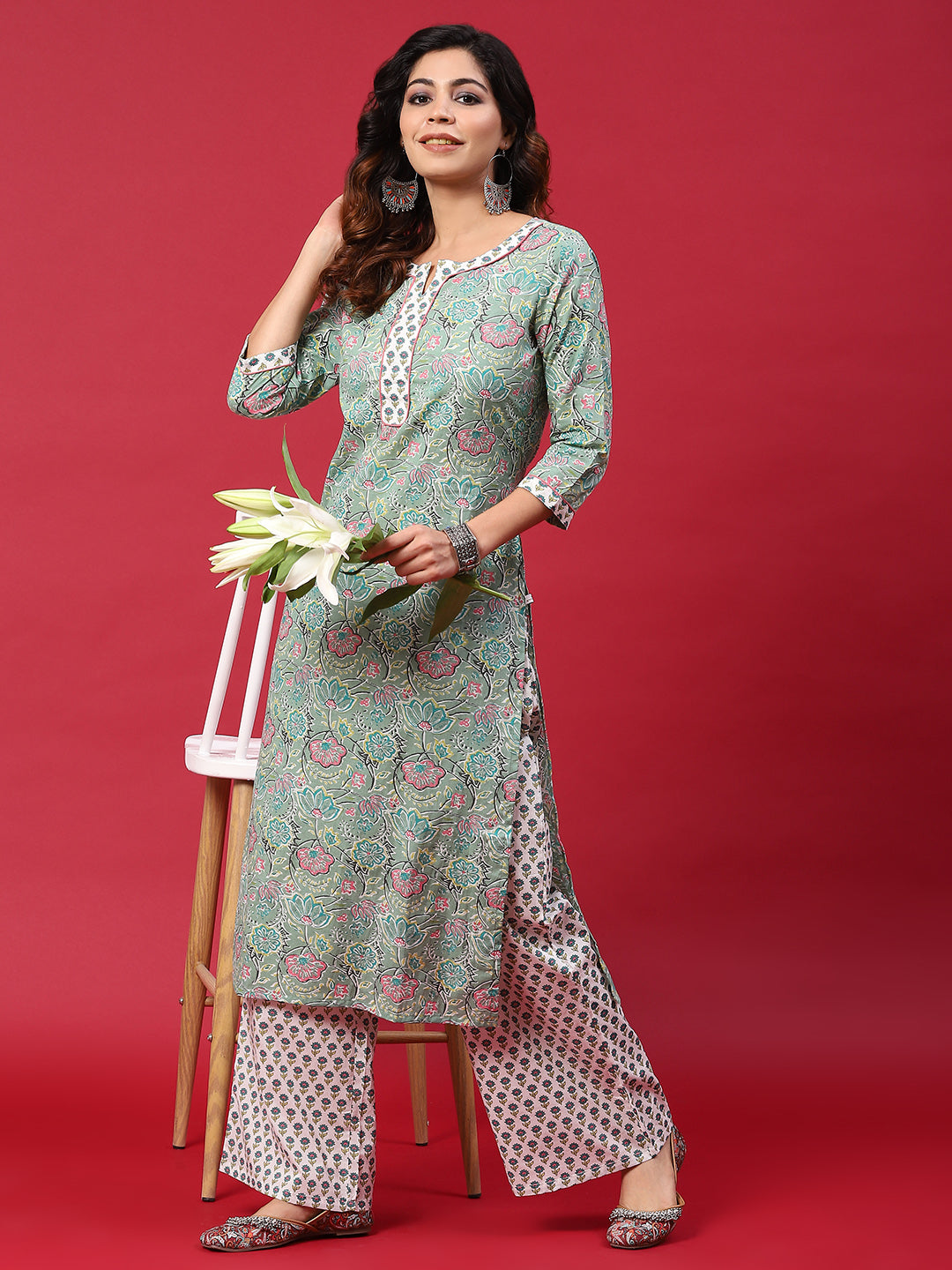 Green & White Floral Print Kurta With Palazzo