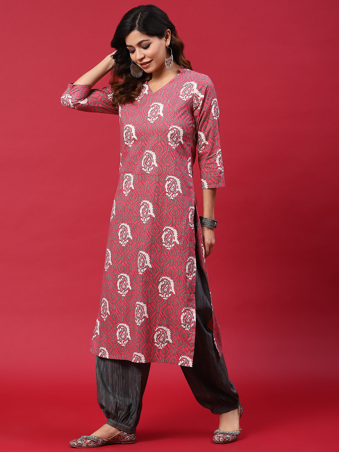 Pink & Grey Printed Kurta With Balloon Palazzo