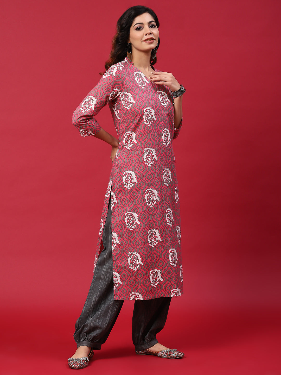 Pink & Grey Printed Kurta With Balloon Palazzo