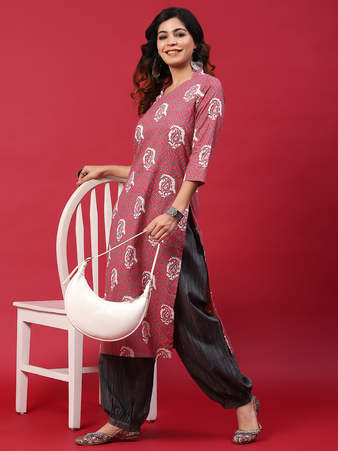 Pink & Grey Printed Kurta With Balloon Palazzo