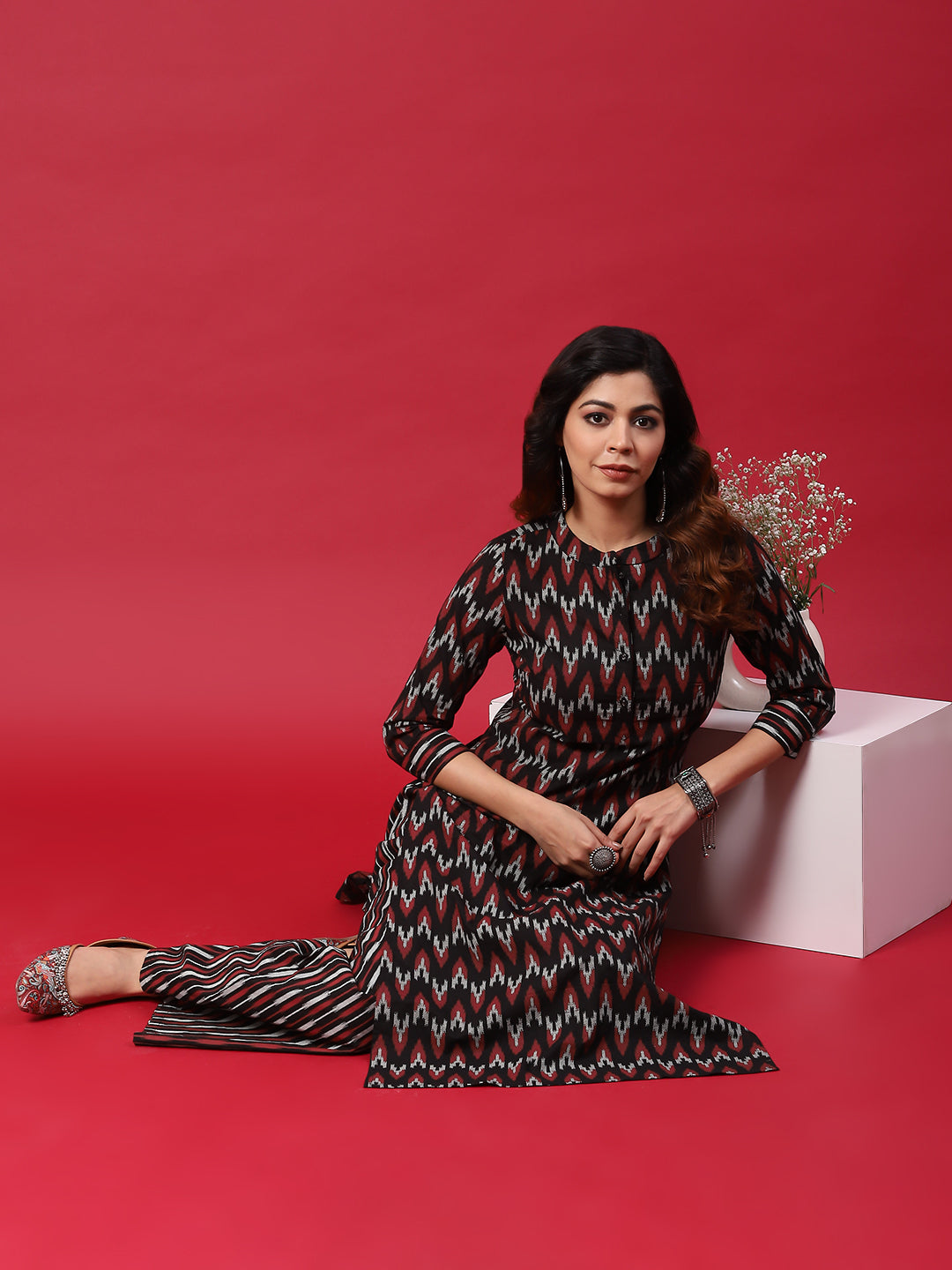 Black & Red Chevron Print Kurta With Palazzo