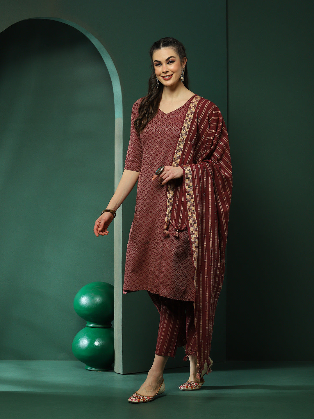 Maroon Printed A-Line Kurta Pant With Striped Dupatta