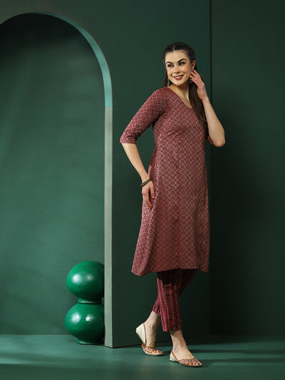 Maroon Printed A-Line Kurta Pant With Striped Dupatta