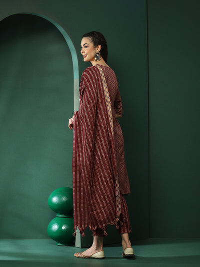 Maroon Printed A-Line Kurta Pant With Striped Dupatta