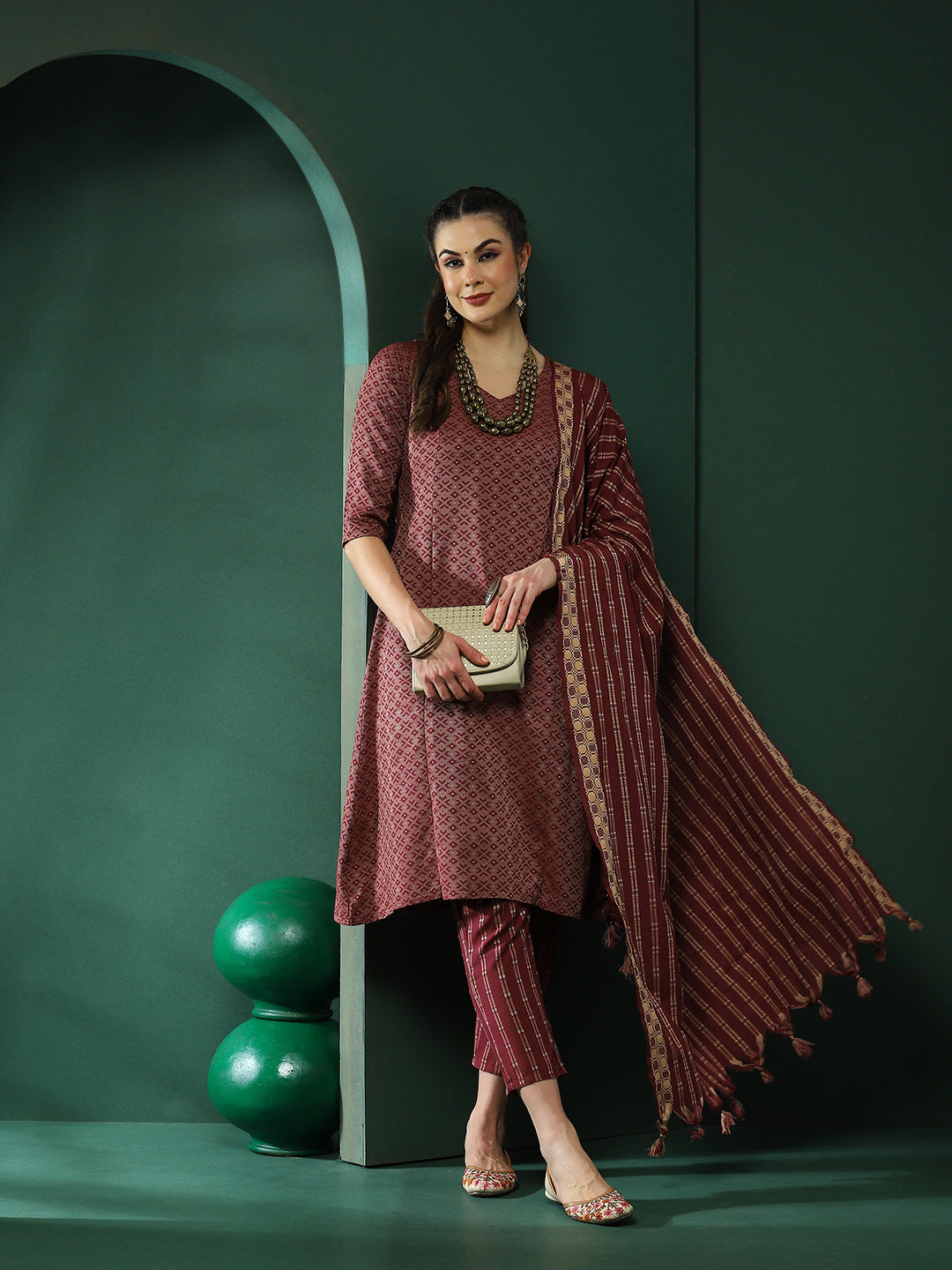 Maroon Printed A-Line Kurta Pant With Striped Dupatta