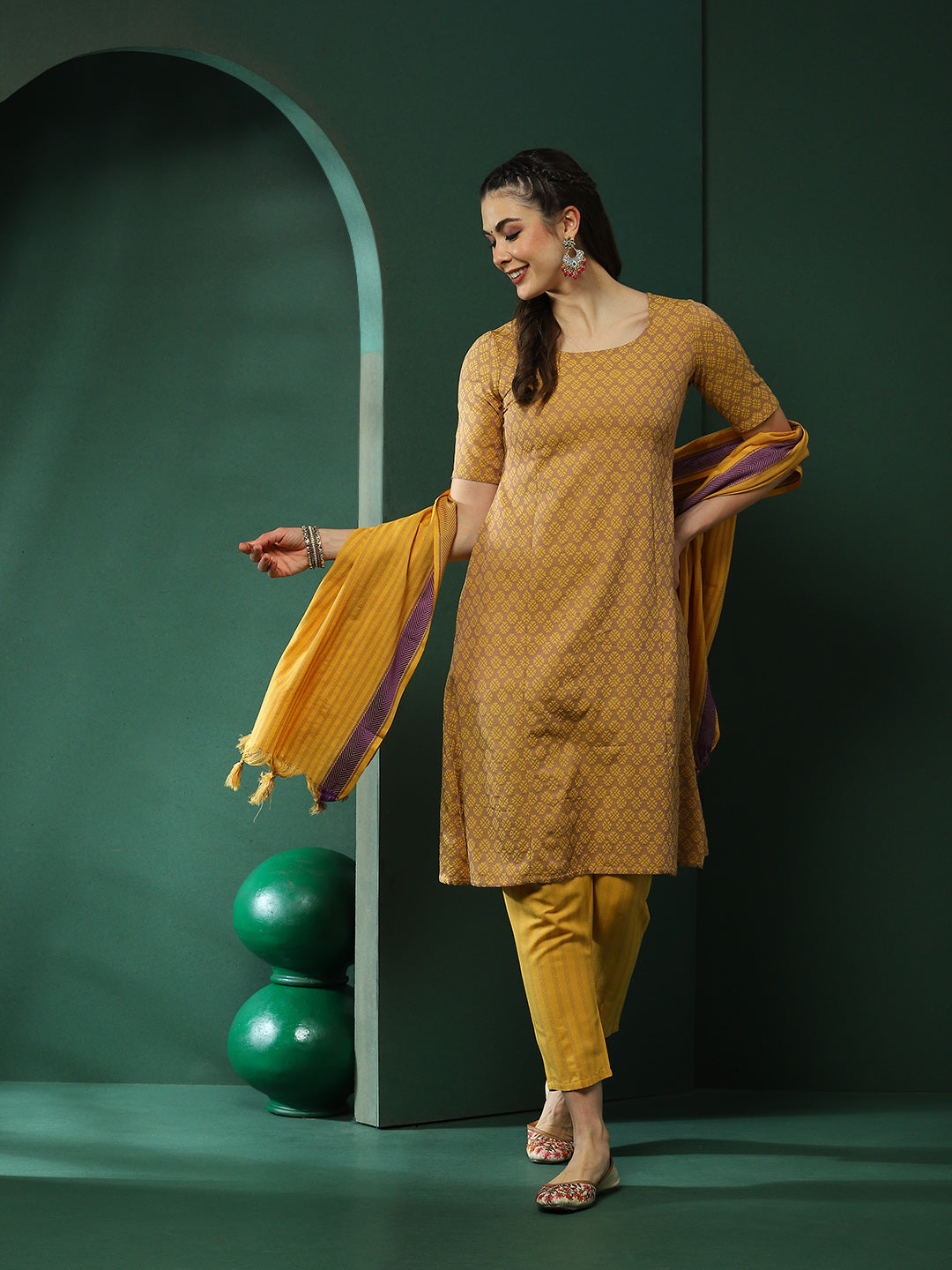 Mustard Printed A-Line Kurta Pant With Dupatta