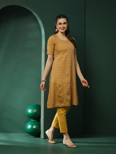 Mustard Printed A-Line Kurta Pant With Dupatta