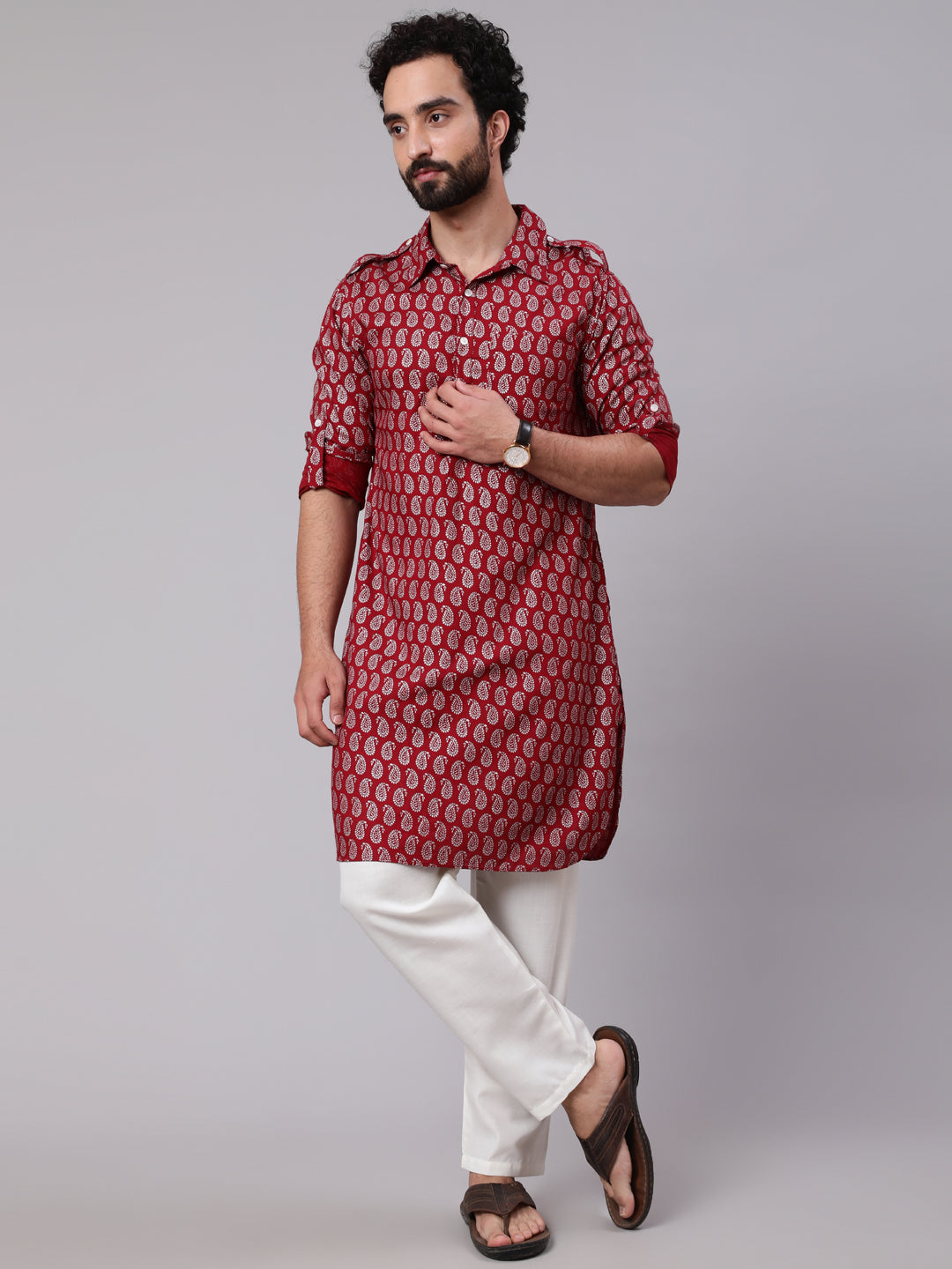 Maroon Paisley Print Pathani Kurta