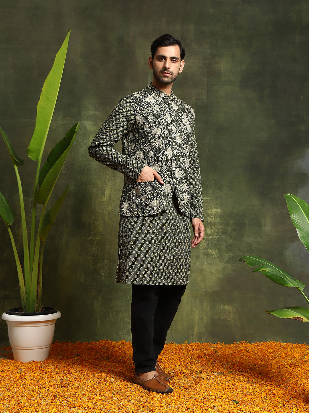 Olive Printed Kantha Work Kurta With Nehru Jacket