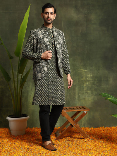 Olive Printed Kantha Work Kurta With Nehru Jacket