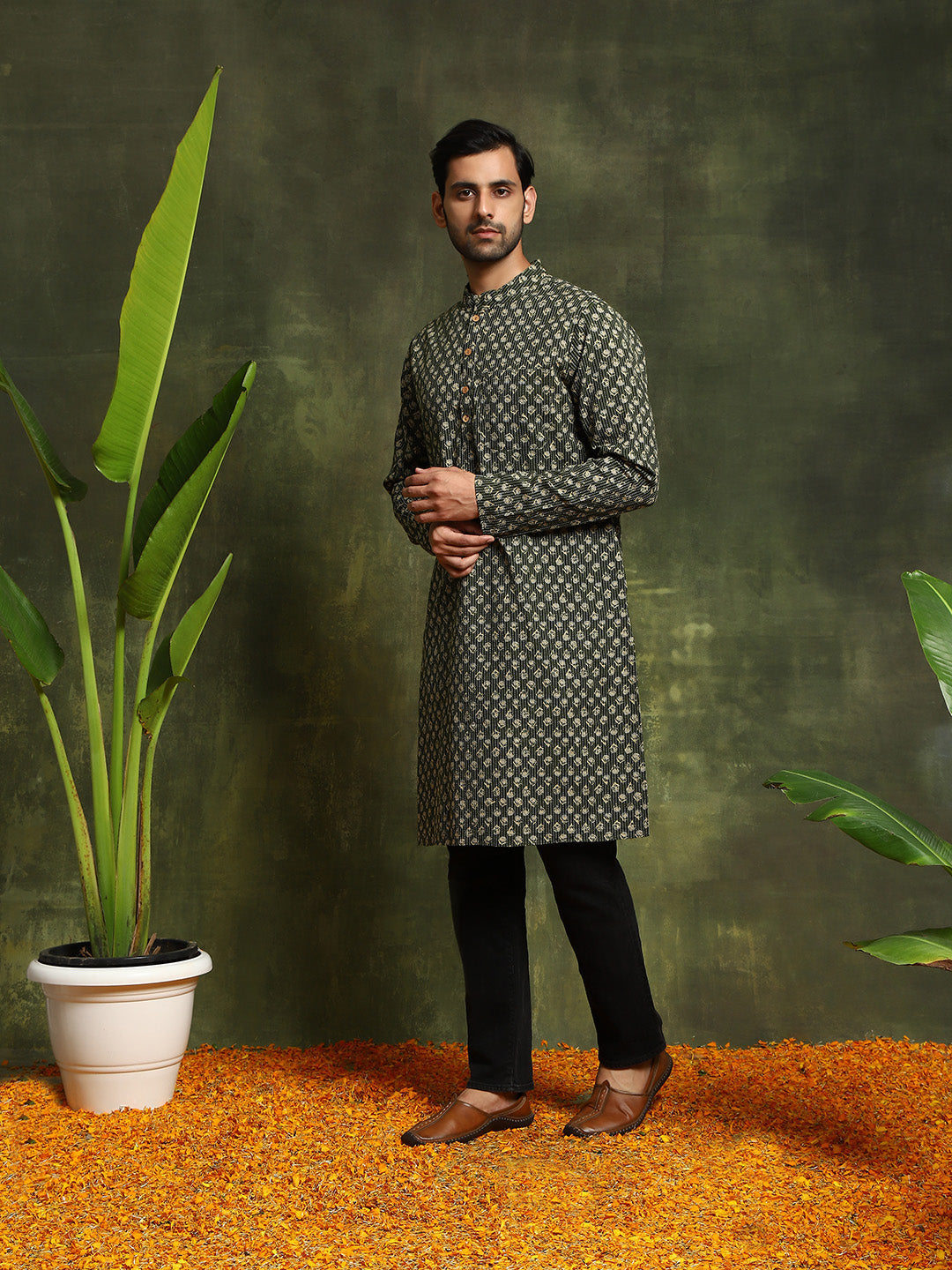 Olive Printed Kantha Work Kurta With Nehru Jacket