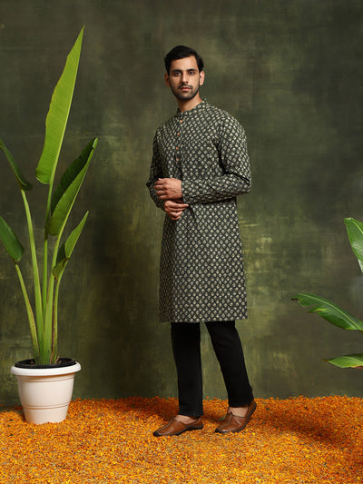 Olive Printed Kantha Work Kurta With Nehru Jacket