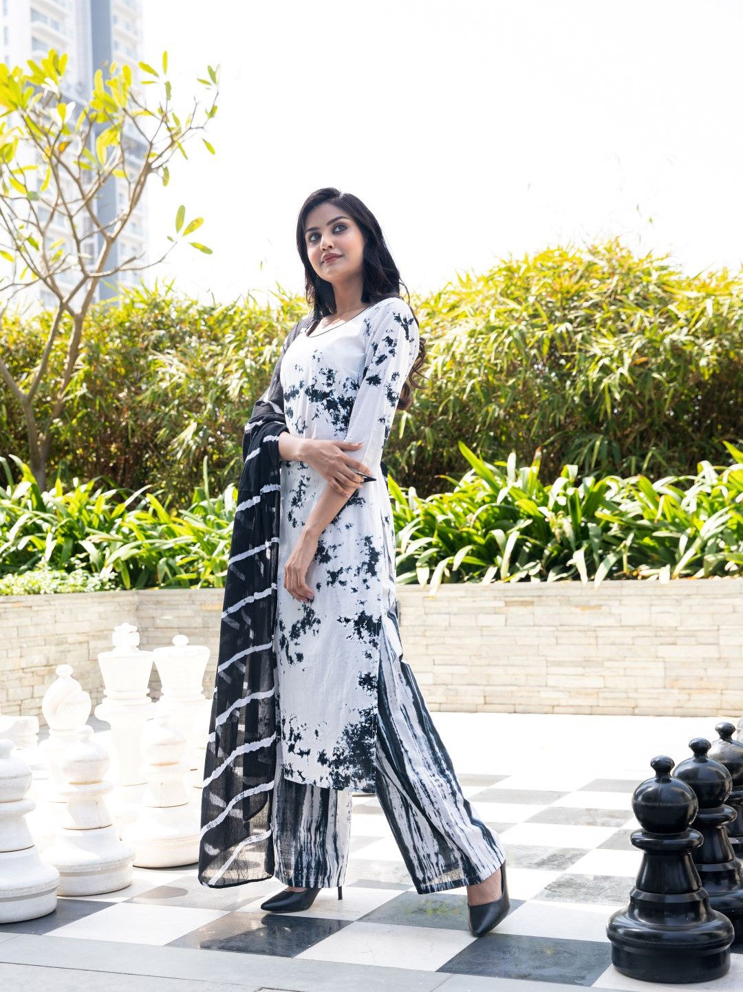 White & Black Tie-dye Kurta Palazzo With Dupatta