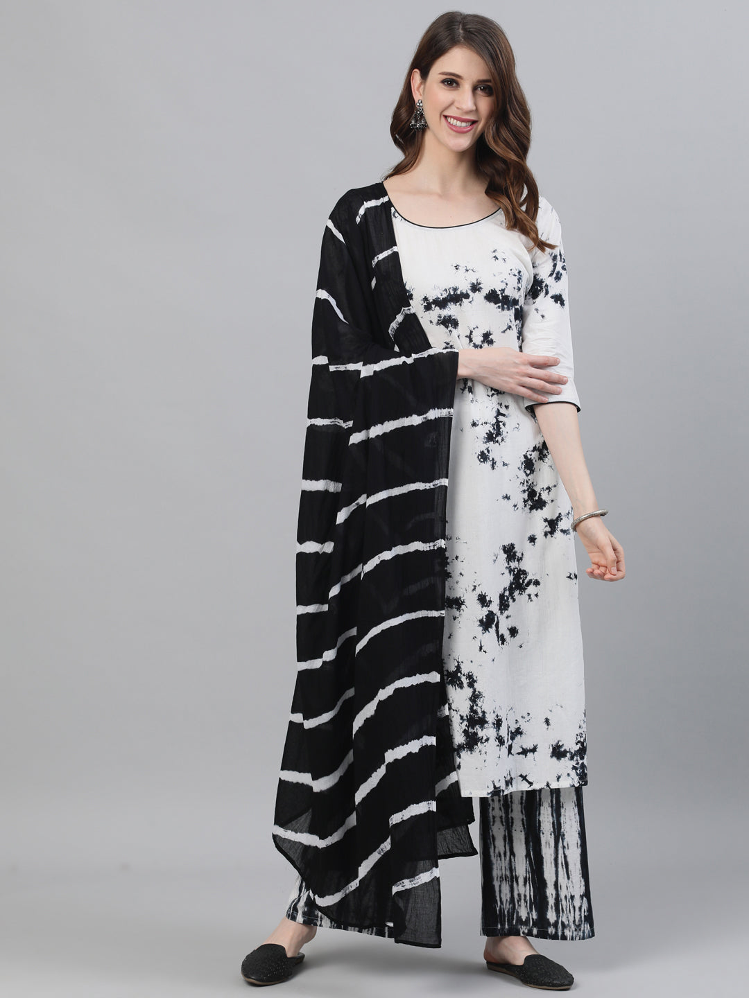 White & Black Tie-dye Kurta Palazzo With Dupatta