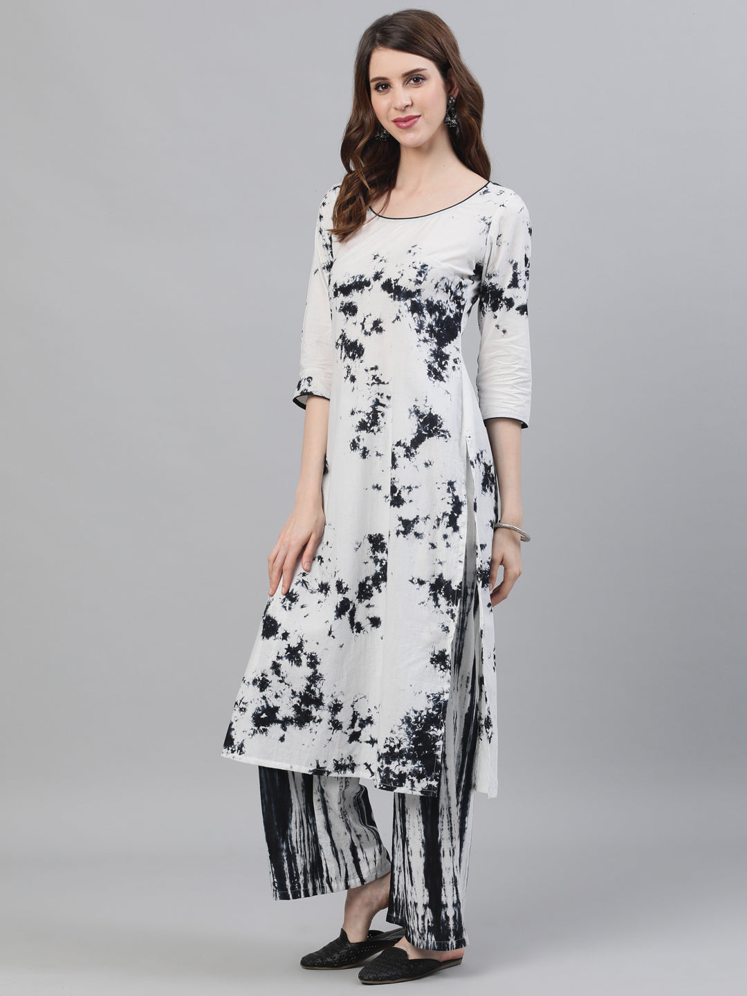 White & Black Tie-dye Kurta Palazzo With Dupatta