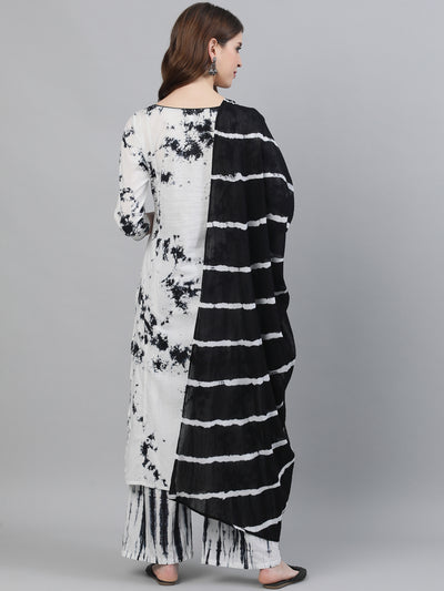 White & Black Tie-dye Kurta Palazzo With Dupatta