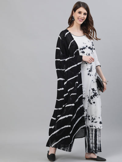 White & Black Tie-dye Kurta Palazzo With Dupatta