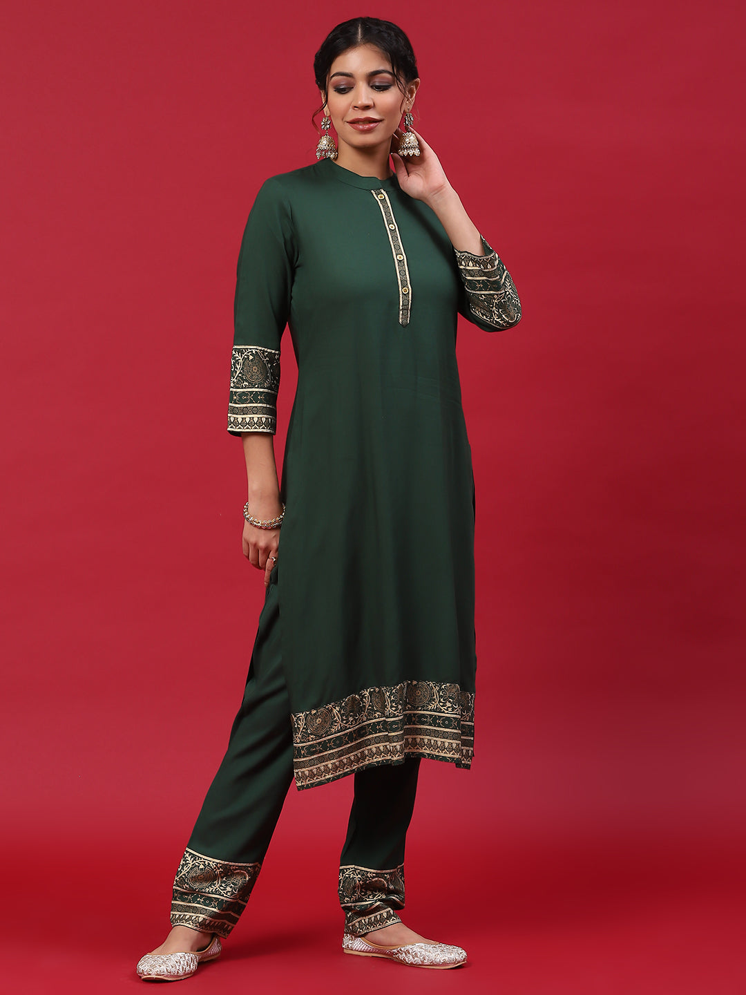 Green Gold Printed Kurta Pant With Embellished Dupatta