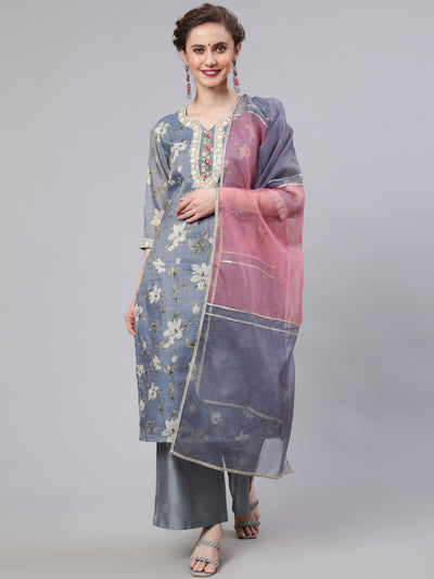 Grey Floral Print Kurta Palazzo With Dupatta