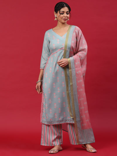 Blue Printed Alia-Cut Kurta Palazzo With Dupatta