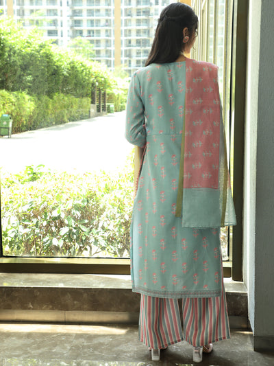 Blue Printed Alia-Cut Kurta Palazzo With Dupatta