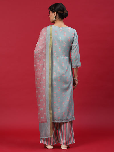 Blue Printed Alia-Cut Kurta Palazzo With Dupatta