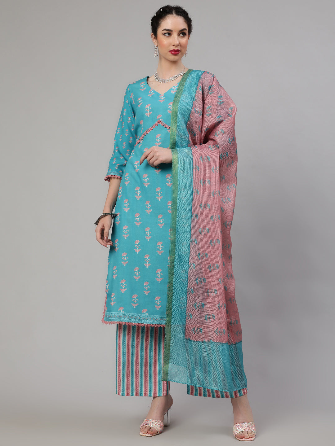 Blue Floral Print Alia-Cut Kurta Palazzo With Dupatta