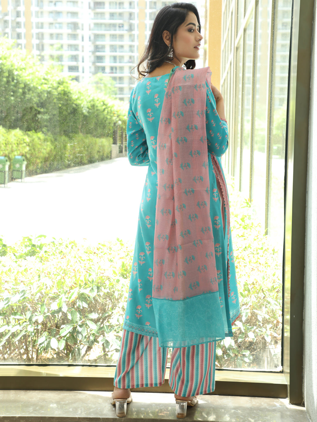 Blue Floral Print Alia-Cut Kurta Palazzo With Dupatta