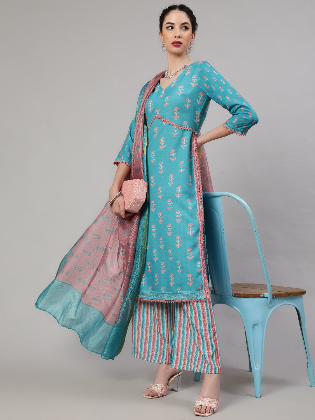 Blue Floral Print Alia-Cut Kurta Palazzo With Dupatta